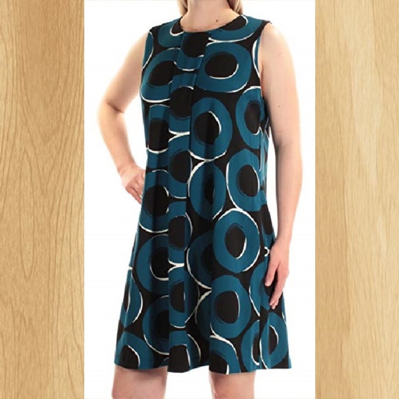 Alfani Teal Pleated Circle Print Dress - Picture 3 of 5